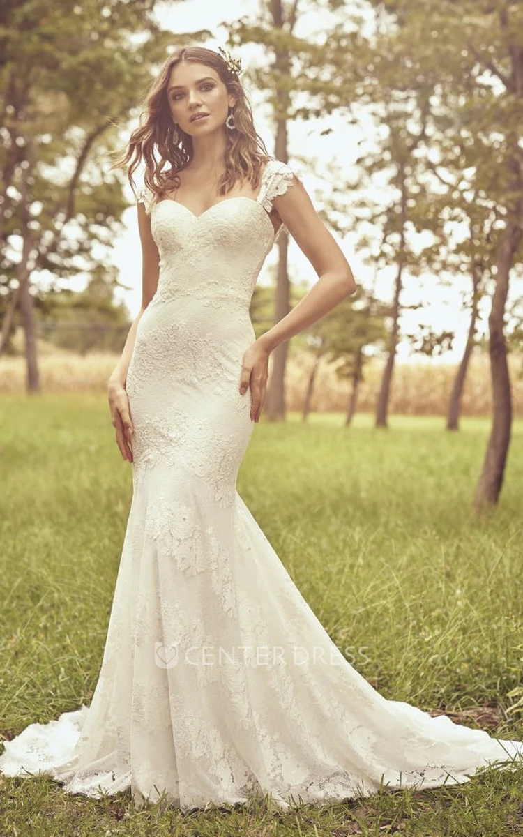 Mermaid Open Back Cap Sleeve And Buttons Sweetheart Lace Wedding Dress