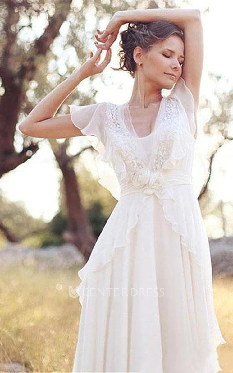 A Line V-neck Chiffon Lace Zipper Low-V Back Wedding Dress