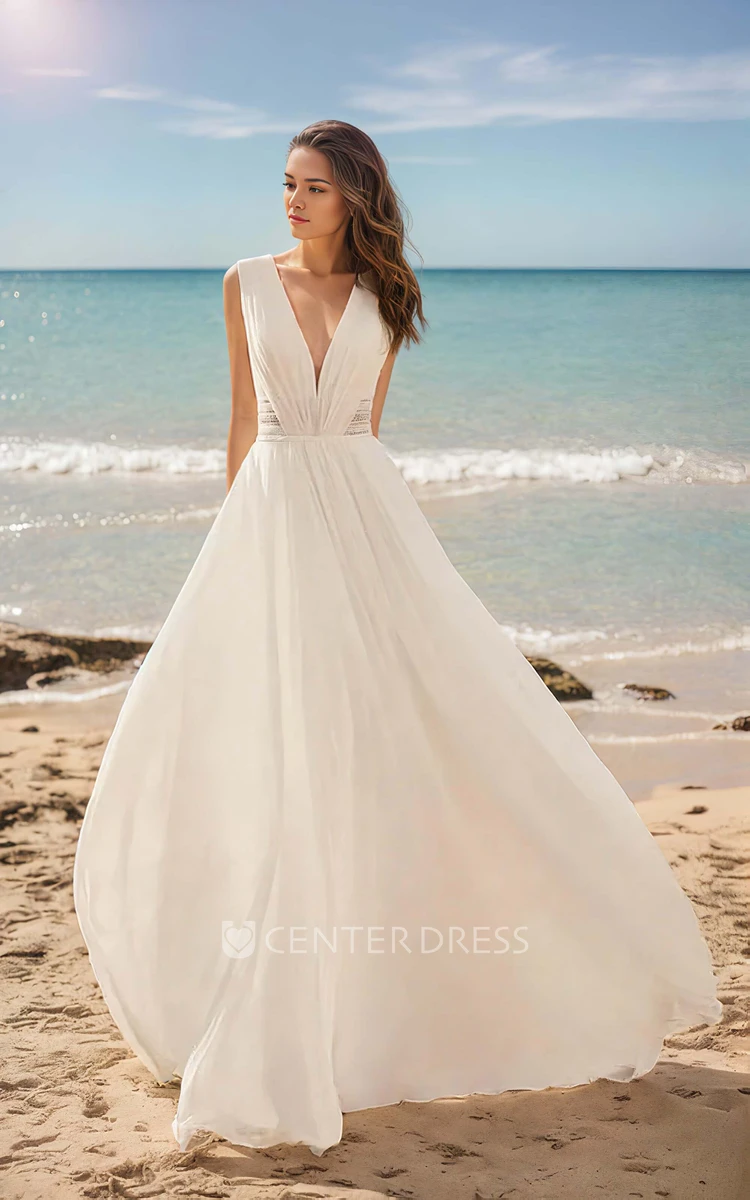 Simple Elegant Chiffon Lace A-Line Plunging Neckline Wedding Dress Solid Chic Ethereal Floor-length Backless Sleeveless Bridal Gown with Train