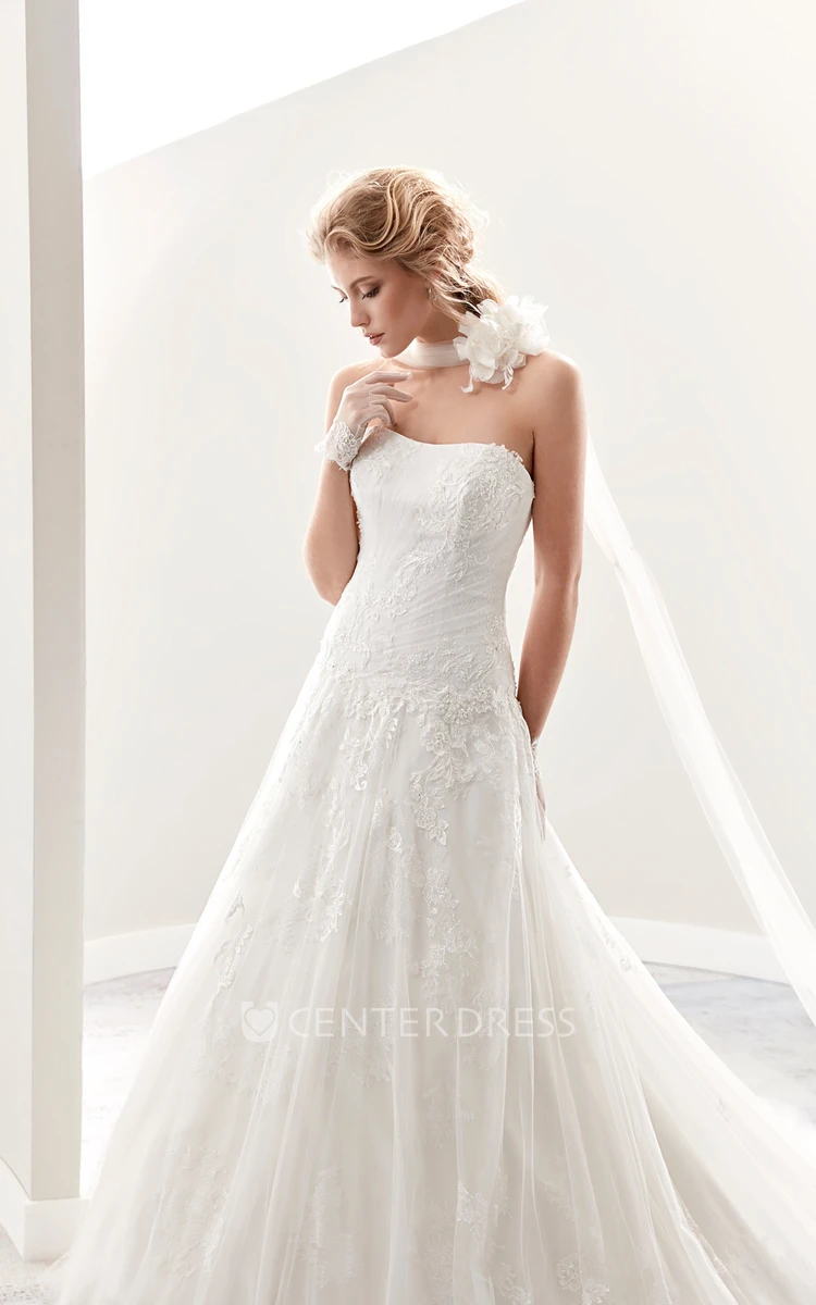 Strapless Brush-Train A-Line Lace Bridal Gown With Pleated Details