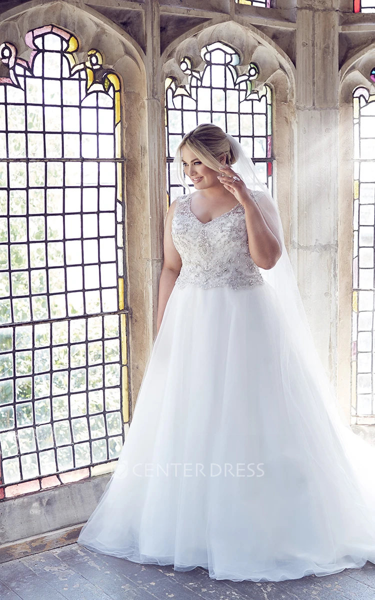 Ball Gown Long V-Neck Sleeveless Tulle Plus Size Wedding Dress With Beading