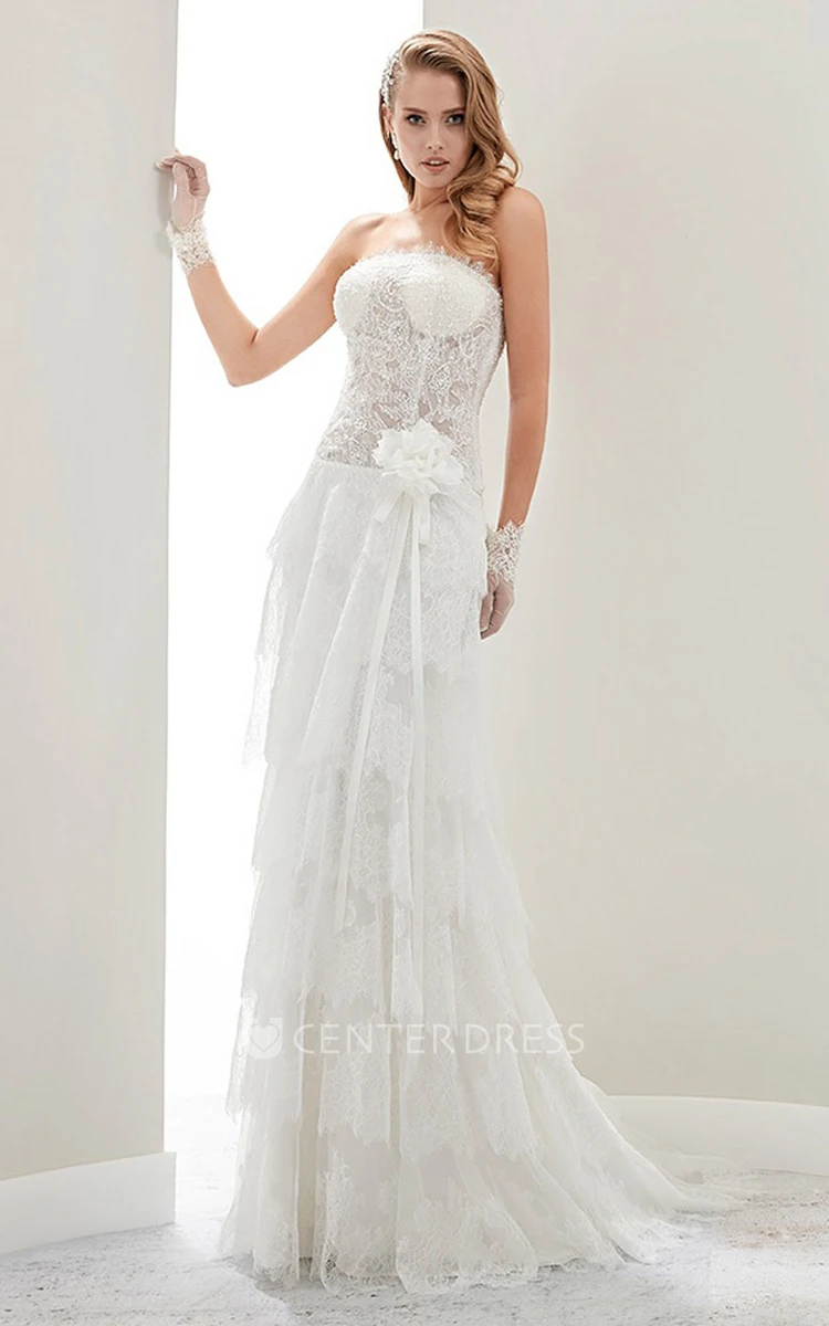Strapless Flower Draping Wedding Gown with Lace Corset and Side-split Overlayer