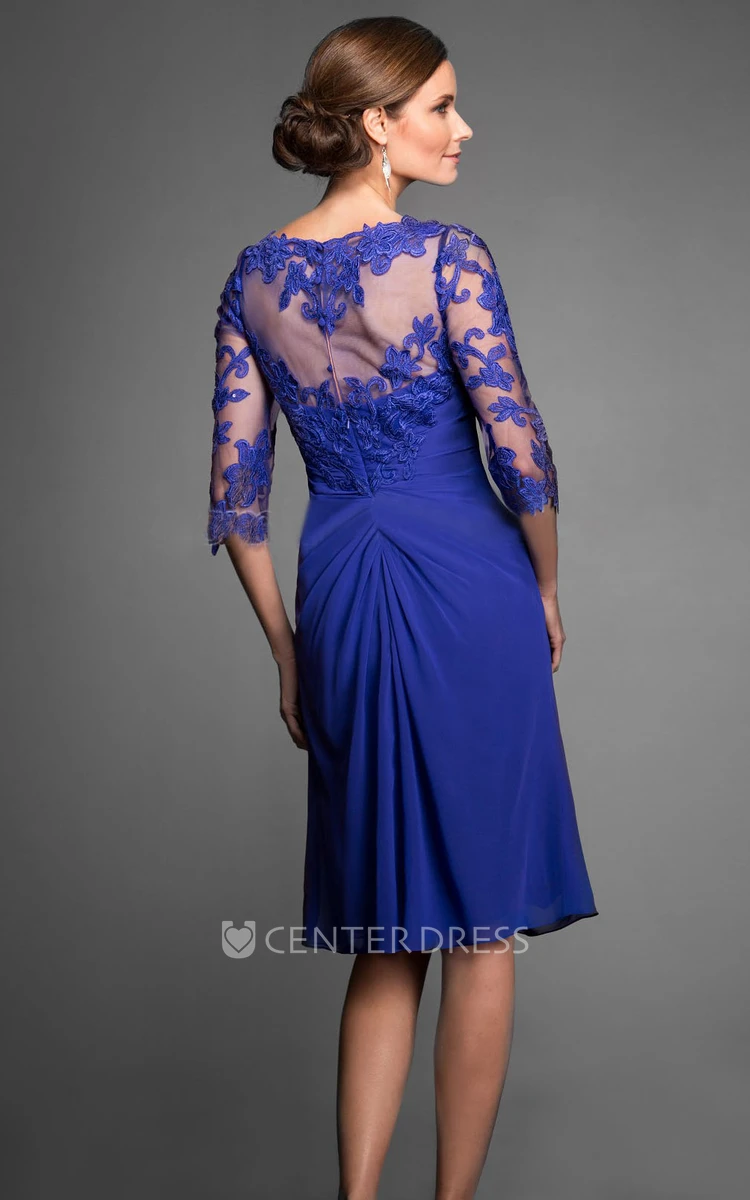 3-4 Sleeved V-Neck Knee-Length Mother Of The Bride Dress With Appliques