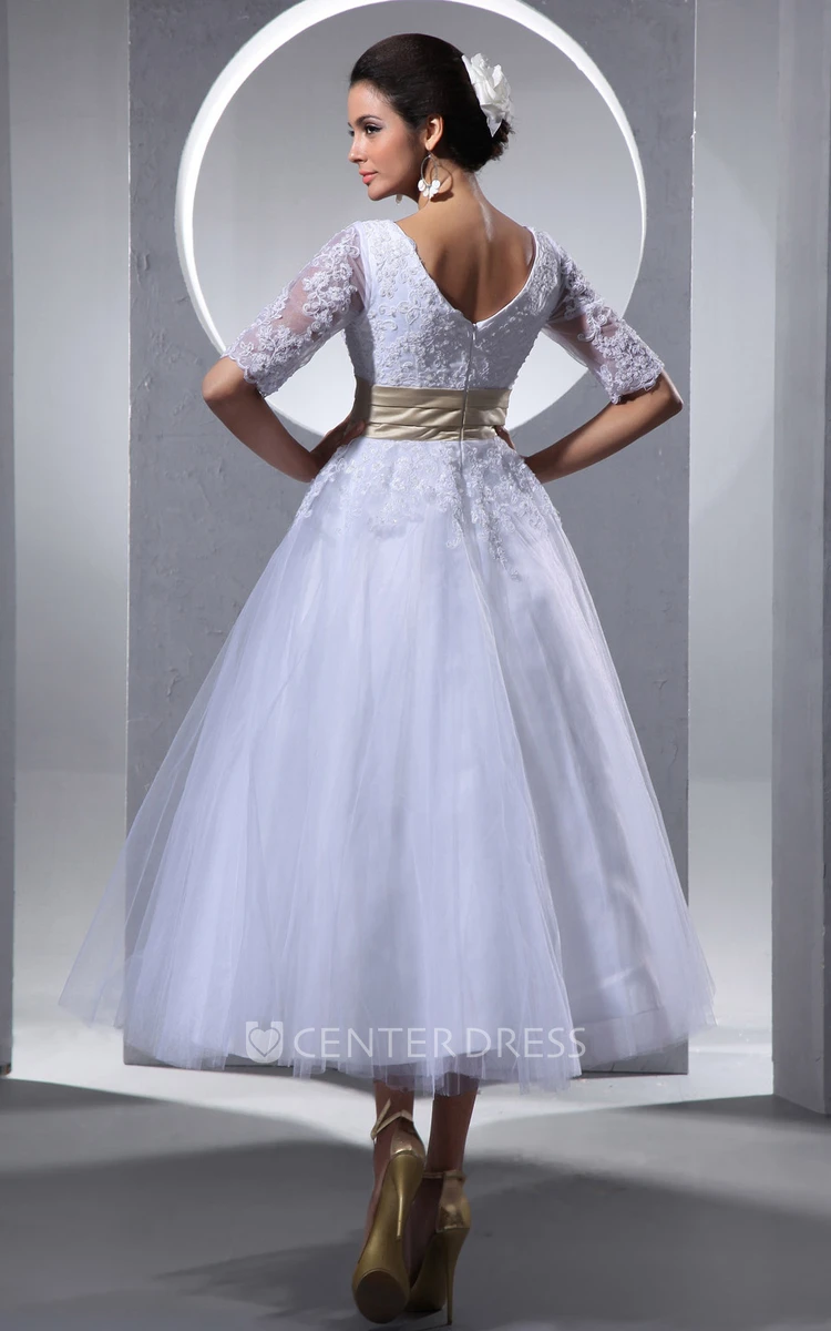Glam Tea-Length Half-Sleeve Dress With Soft Tulle