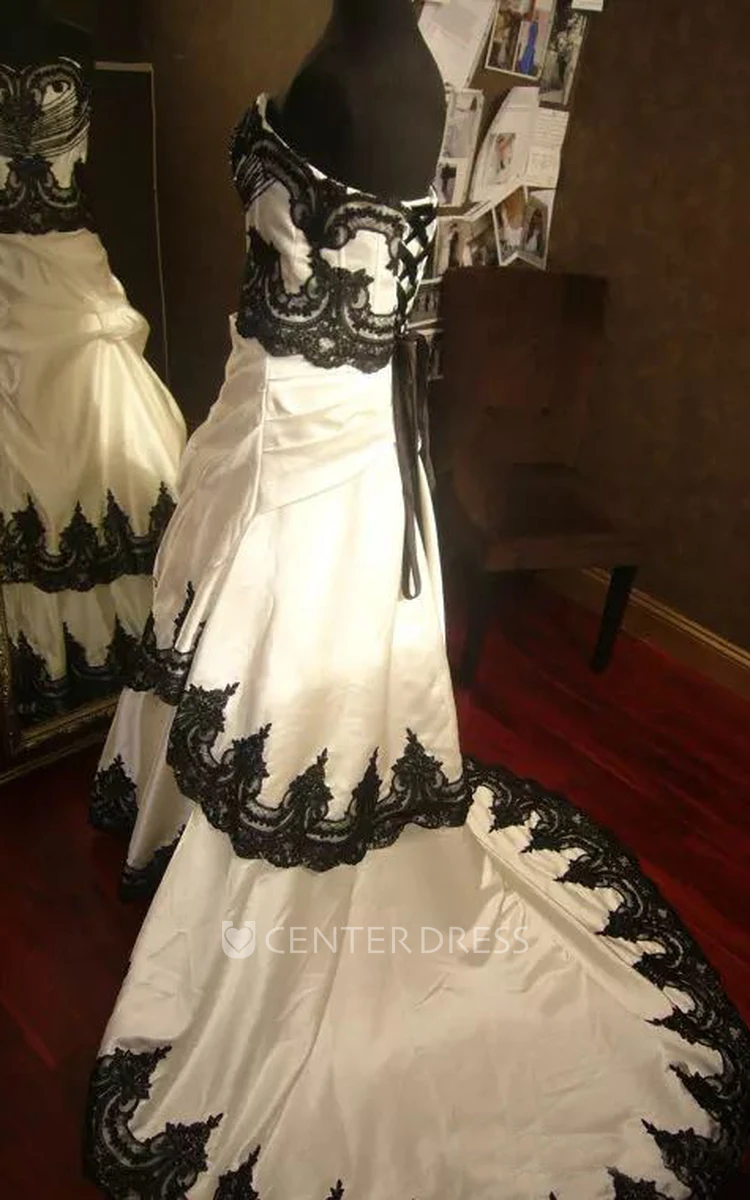 Sleeveless A-Line Straps Taffeta Lace Floor-length Chapel Train Wedding Dress with Ruffles and Tiers