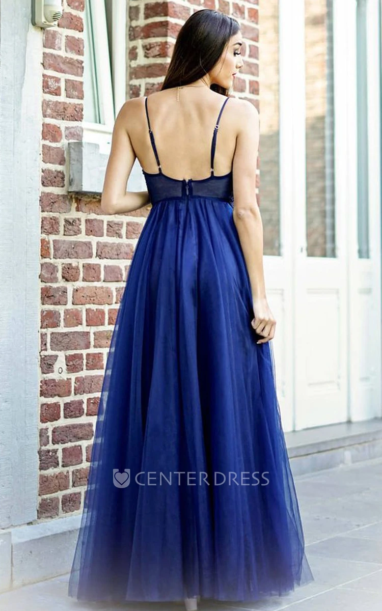 A Line Sleeveless Tulle Sexy Open Back Evening Dress with Beading
