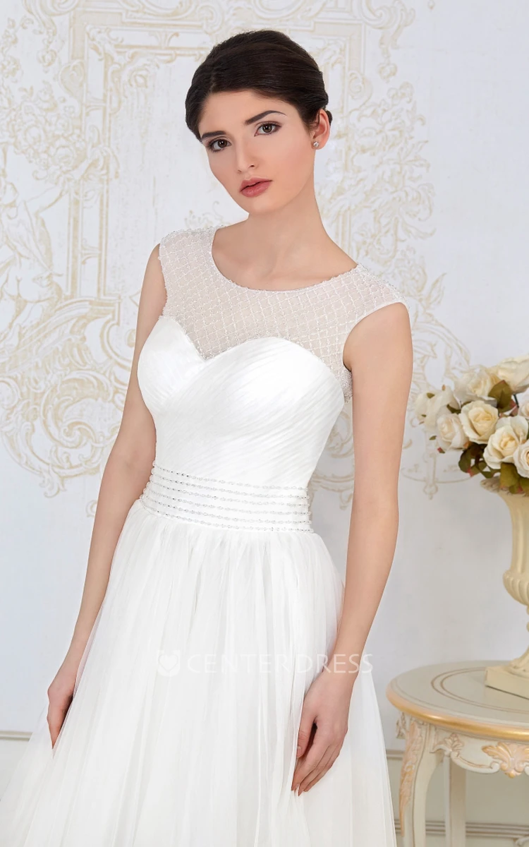 A-Line Scoop-Neck Floor-Length Criss-Cross Sleeveless Tulle Wedding Dress With Beading