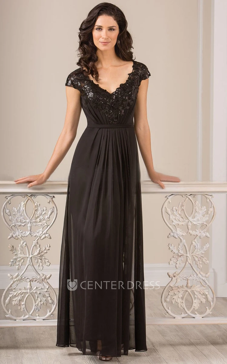 Cap-Sleeved A-Line Long Gown With Sequins And Keyhole Back