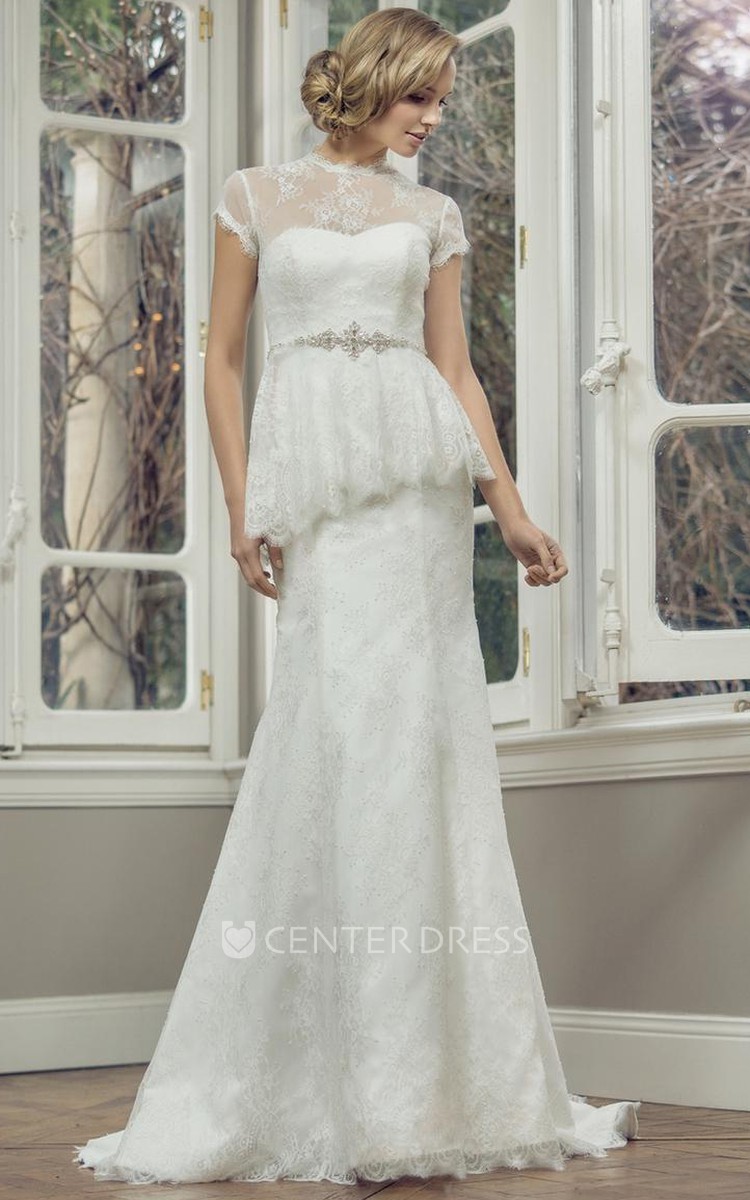 Sheath High Neck T-Shirt-Sleeve Jeweled Floor-Length Lace Wedding