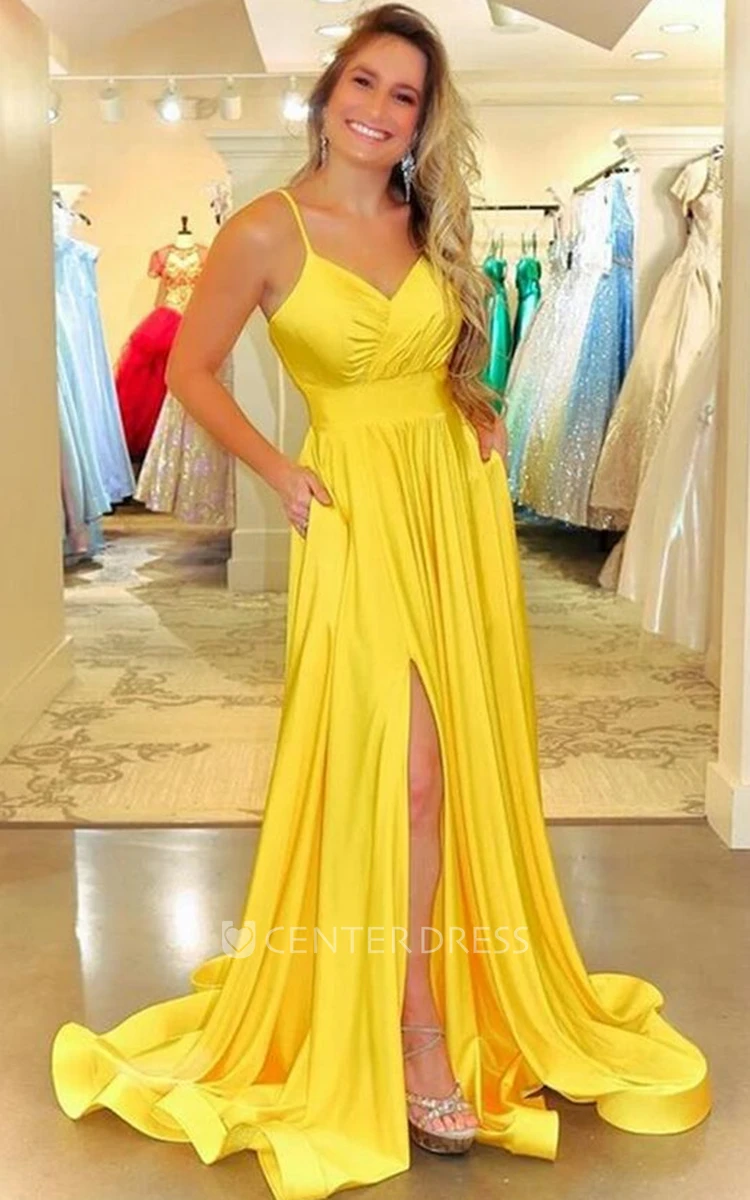 Elegant A Line Spaghetti Satin Prom Dress with Ruching and Split Front