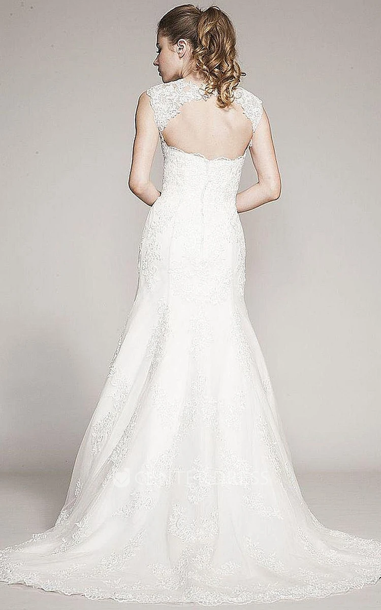 A-Line Queen-Anne Appliqued Floor-Length Lace Wedding Dress With Beading