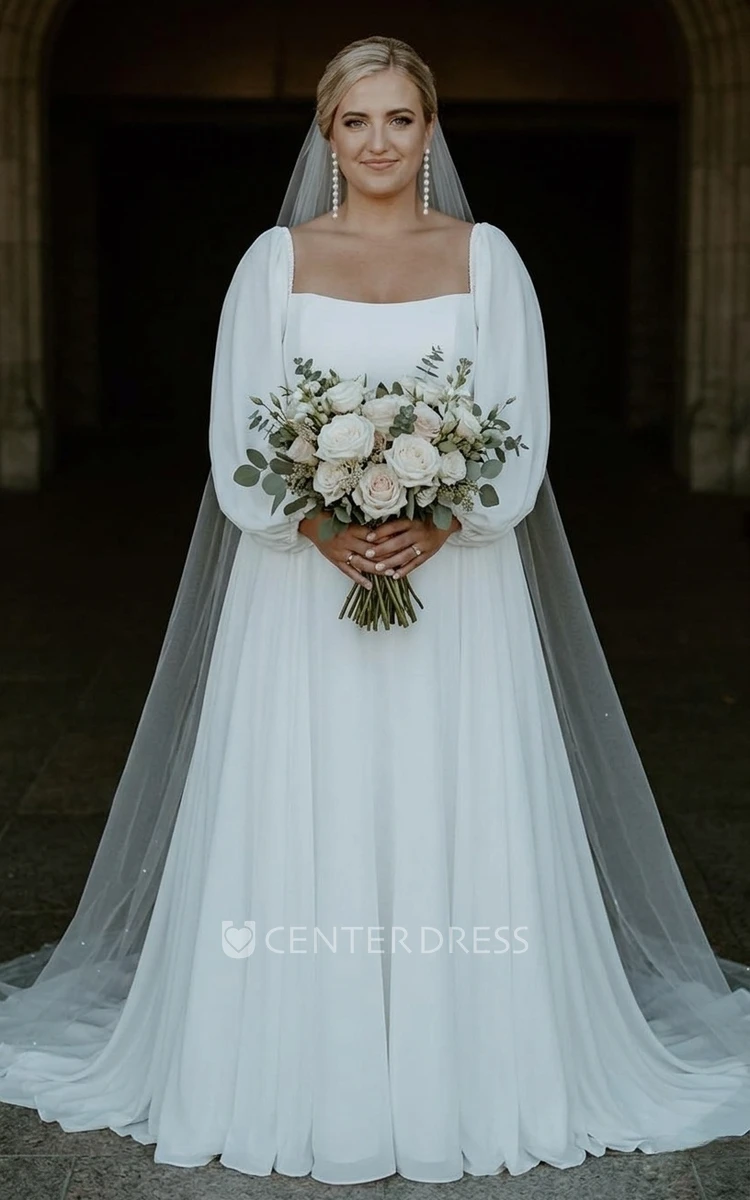 Modest Romantic A-Line Plus Size Spring Wedding Dress with Long Sleeve Simple Casual Charming Low Cut Square Neck Chiffon Train Bridal Gown