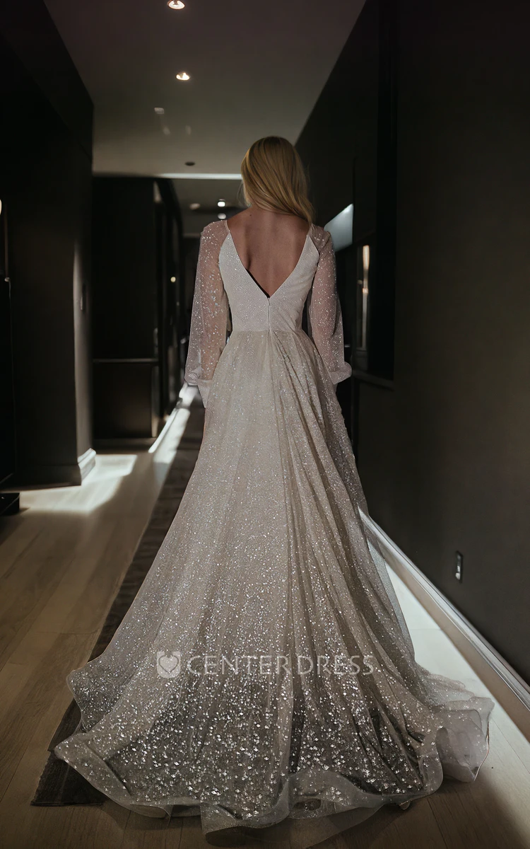Sexy Long Sleeve Deep-V Back Garden Sequins Wedding Dress