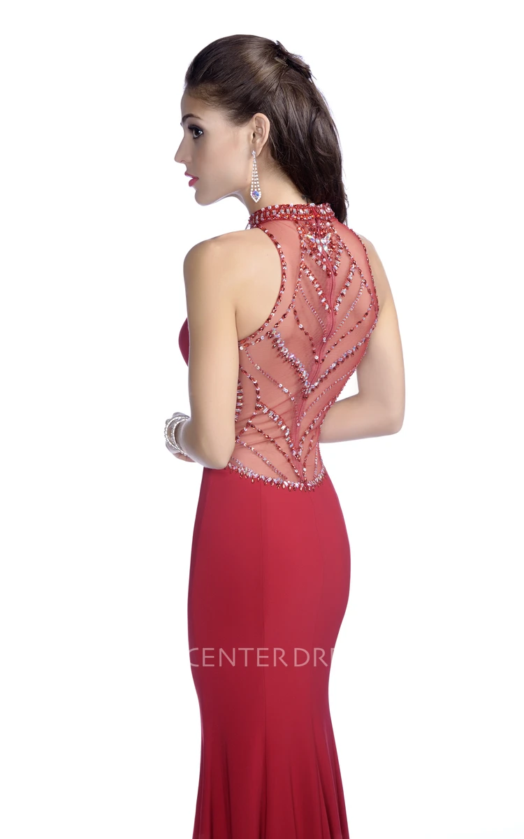 Sleeveless High Neck Jersey Gown With Shining Crystal Appliques