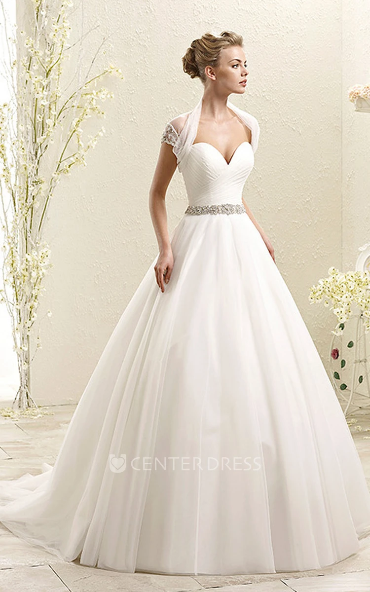 Ball Gown Caped Long Sweetheart Tulle Wedding Dress With Waist Jewellery And Criss Cross