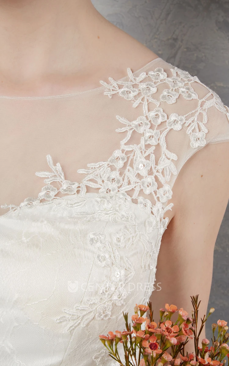 Sheath Cap-Sleeve Scoop-Neck Lace Wedding Dress With Illusion