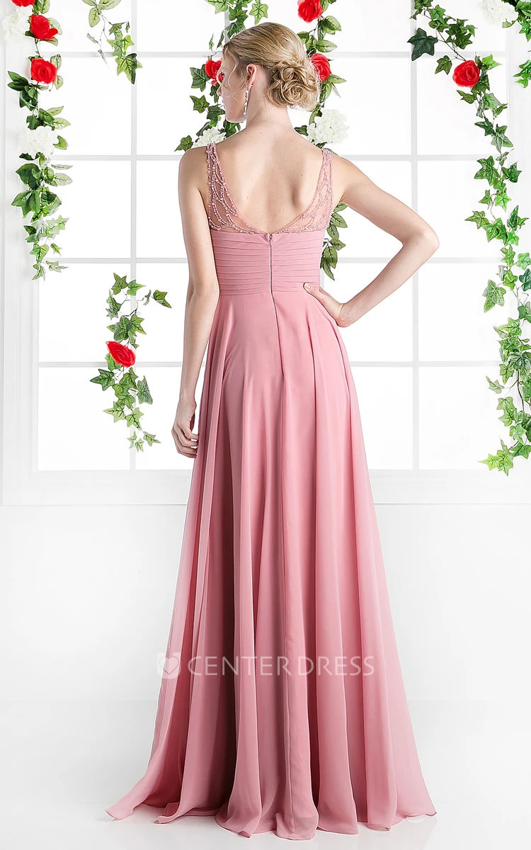 A-Line Scoop-Neck Sleeveless Chiffon Low-V Back Dress With Beading And Ruching