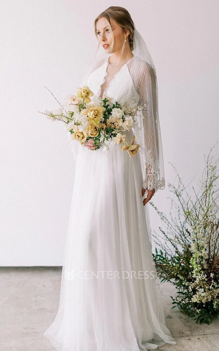 Bohemian A-Line Wedding Dress With Illusion Sleeve And V-neck 