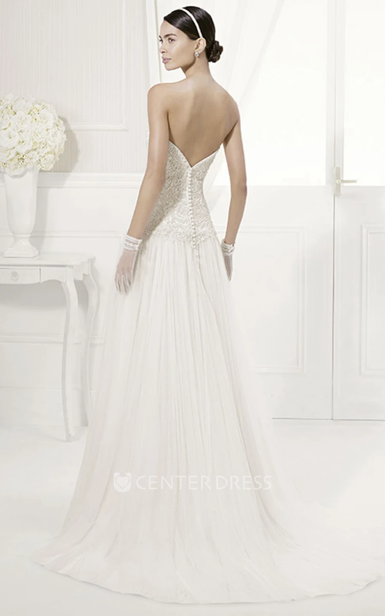 Backless Sweetheart Lace Top Tulle Bridal Gown With Drop Waist