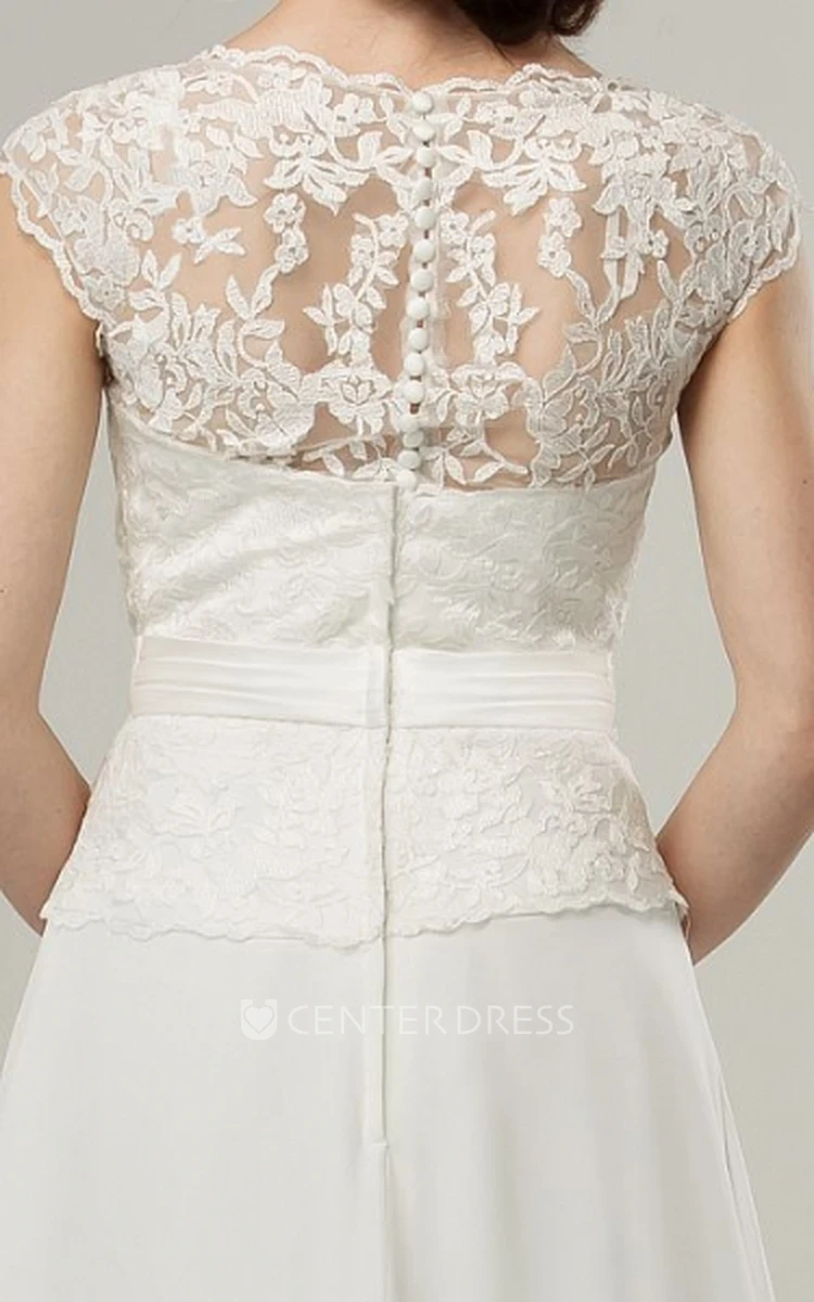 Floor-Length Jewel Appliqued Cap-Sleeve Chiffon Wedding Dress