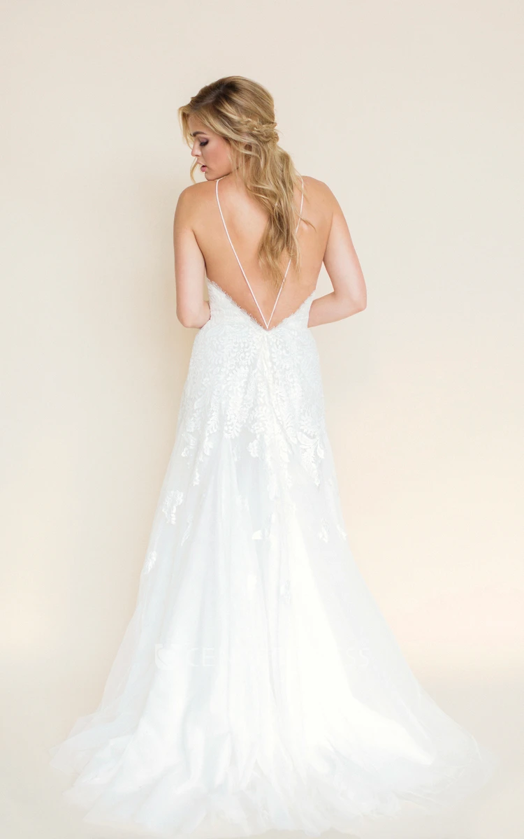 A-Line Floor-Length Appliqued Sleeveless Spaghetti Tulle Wedding Dress