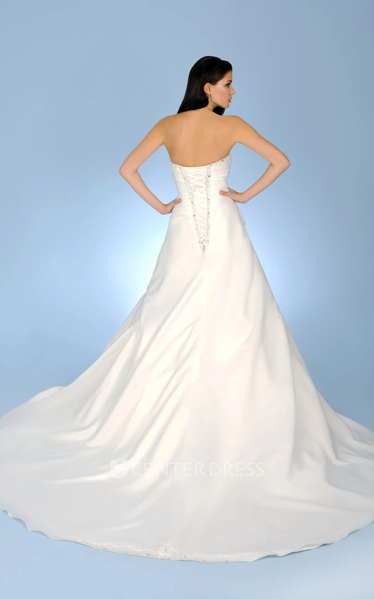 A-Line Strapless Ruched Taffeta Wedding Dress With Beading And Lace Up