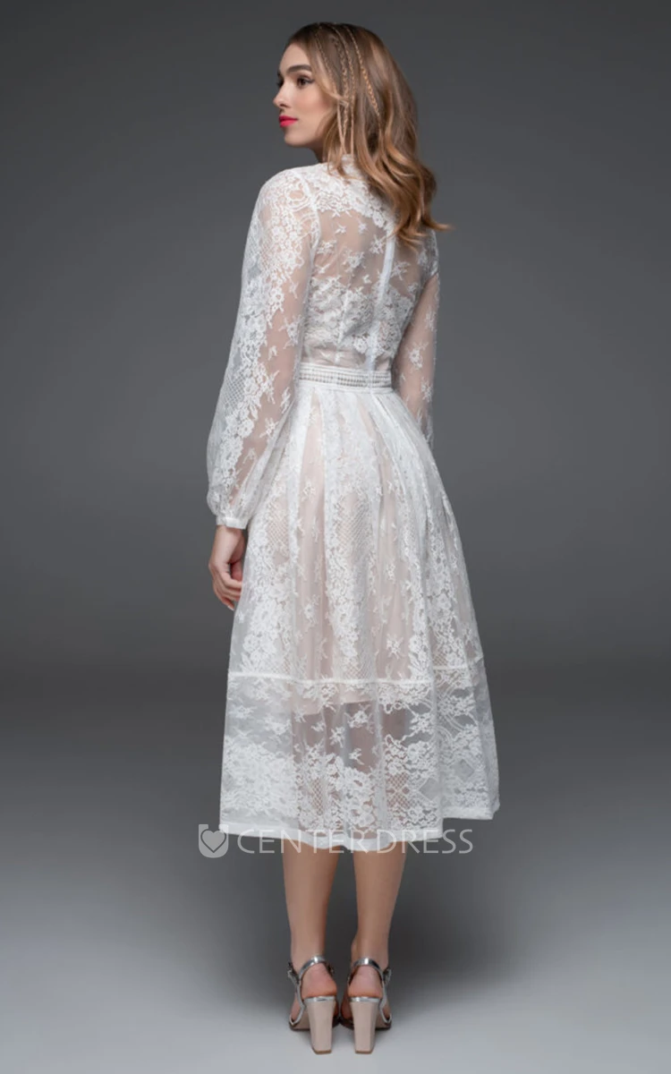 Vintage A Line Lace High Neck Tea-length Wedding Dress with Appliques