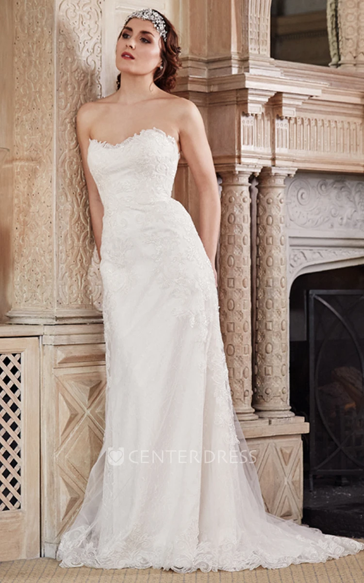 Strapless Floor-Length Appliqued Lace&Tulle Wedding Dress With Brush Train
