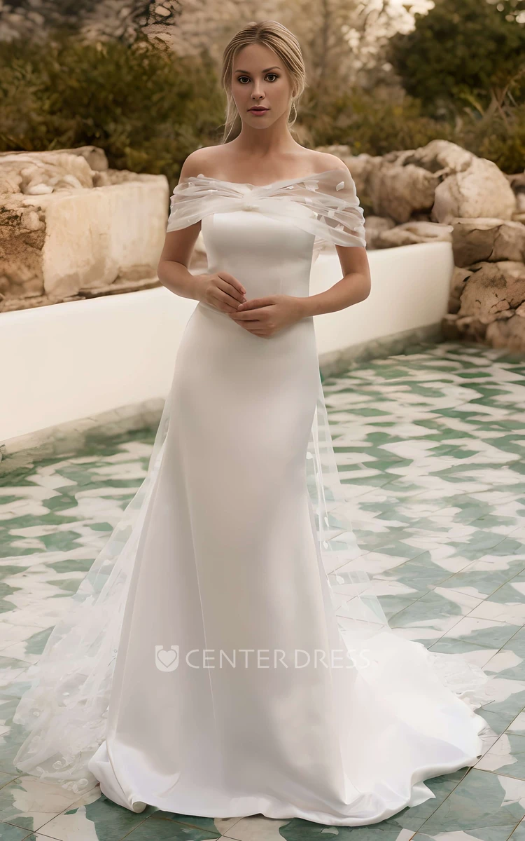 Minimalist Simple Mermaid off the Shoulder Wedding Dress Modern Beach Strapless Removable Train Bridal Gown