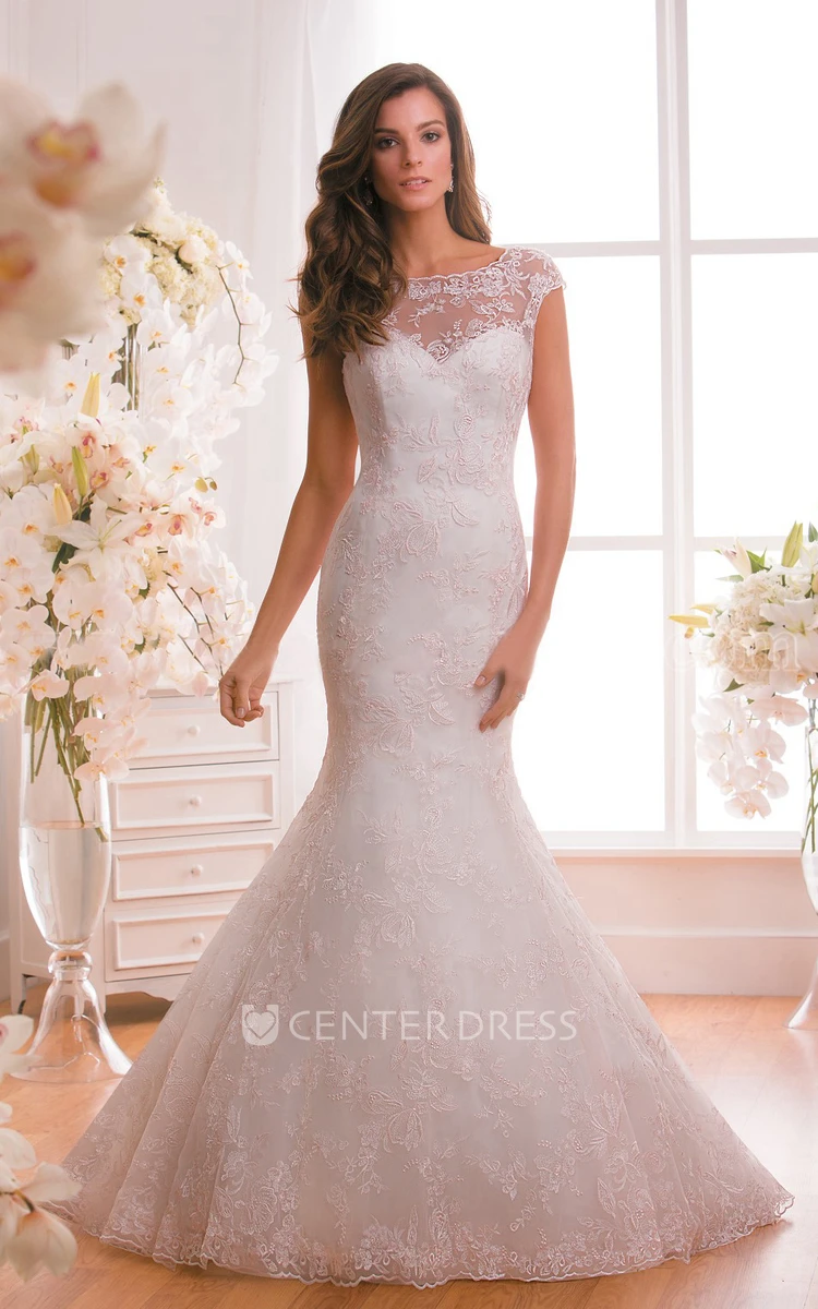 Cap-Sleeved Mermaid Wedding Dress With Appliques And Keyhole Back