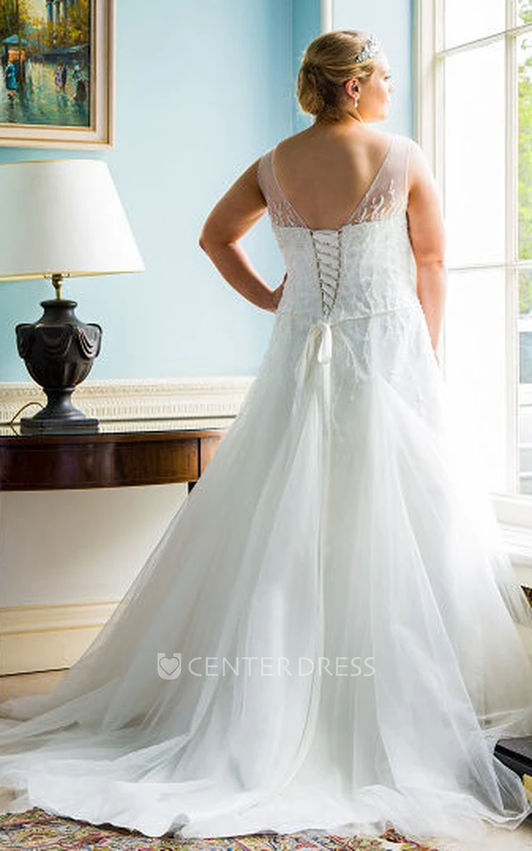Jewel Neck Sleeveless Tulle Bridal Gown With Lace Up