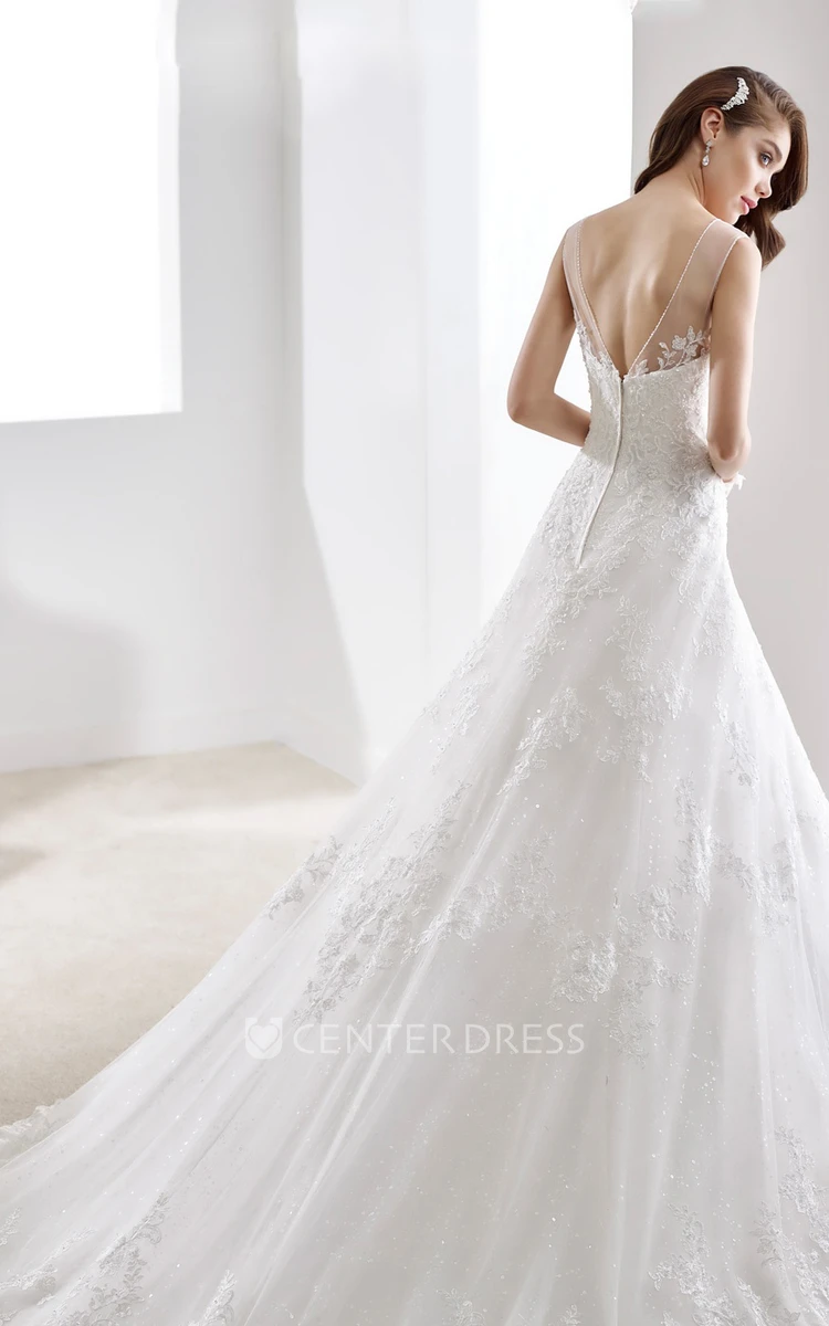 A-Line Brush-Train Lace Gown With Illusive Neckline And V Back