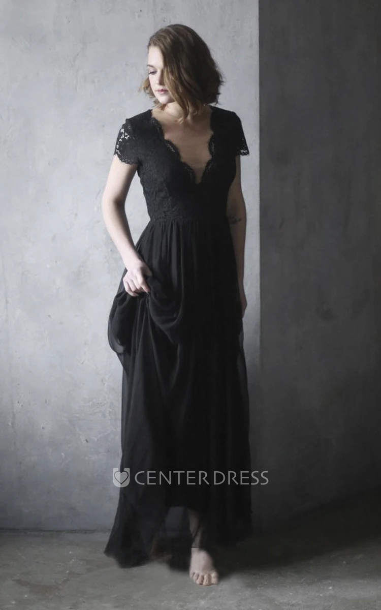 Black Illusion Back Chiffon Wedding Dress With Scalloped V-neck Lace Appliques