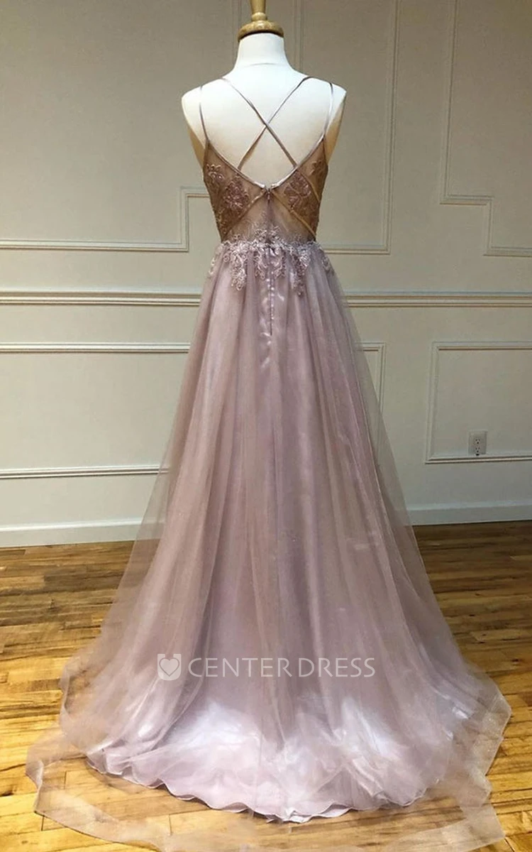 Modern Sleeveless Floor-length Lace A Line Prom Dress with Appliques