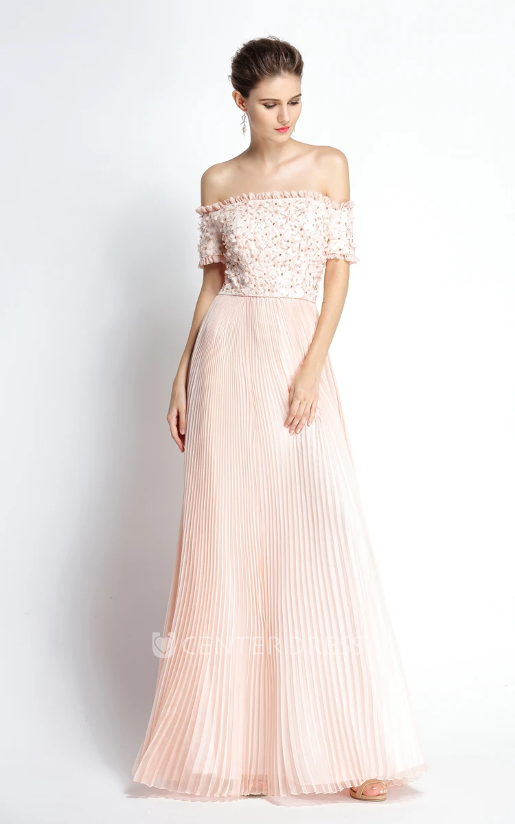Floor-length Short Sleeve A-Line Off-the-shoulder Chiffon Prom Dress with Beading and Pleats