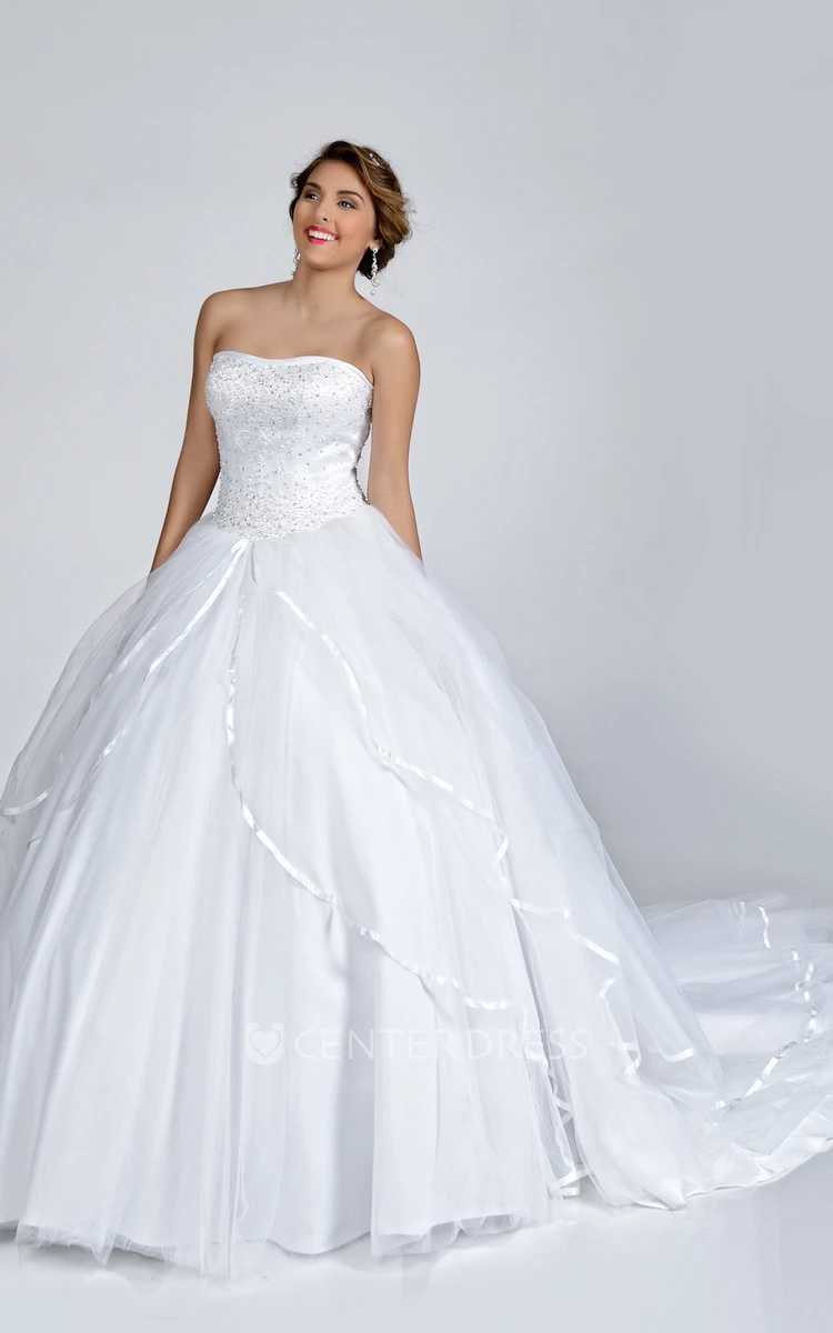 Organza Strapless Ball Gown With Lace-Up Back And Sequined Bodice