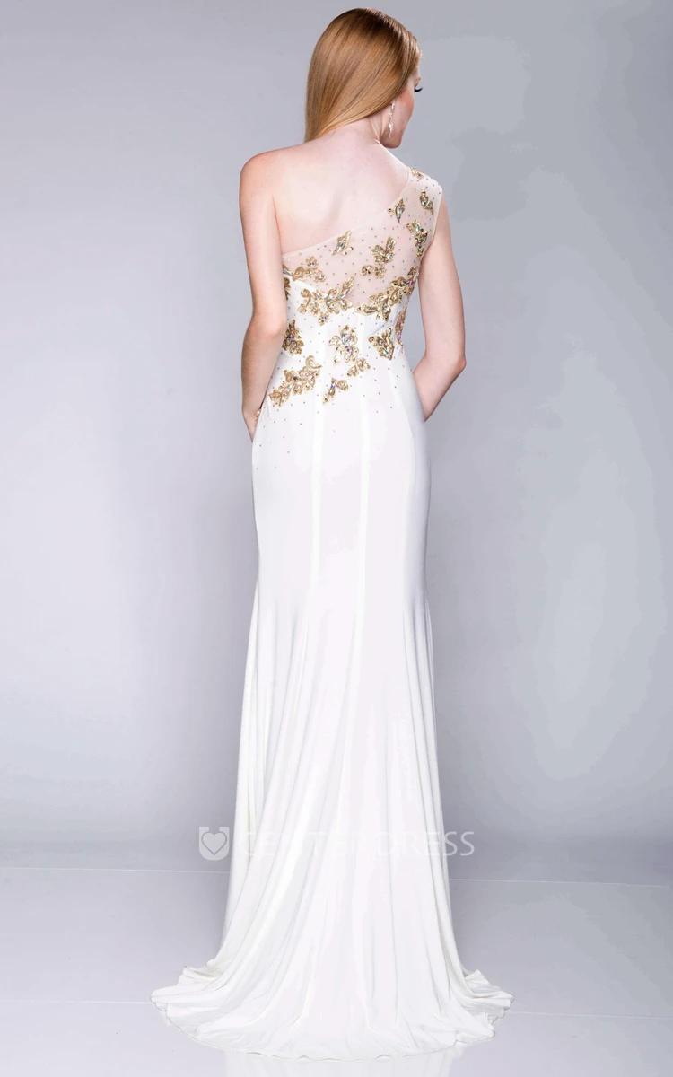 One-Shoulder Side Slit Jersey Column Prom Dress With Beaded Appliques