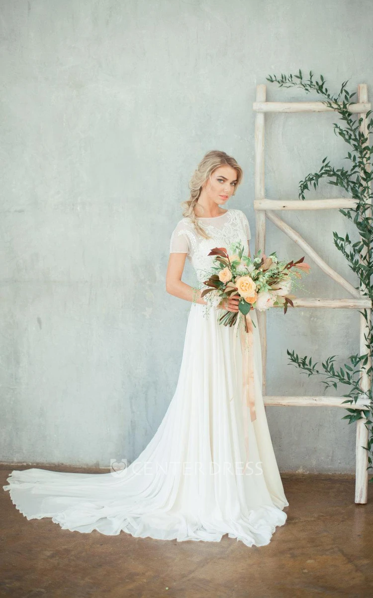 Jewel Neck Cap Sleeve A-Line Chiffon Wedding Dress With Beaded Bodice