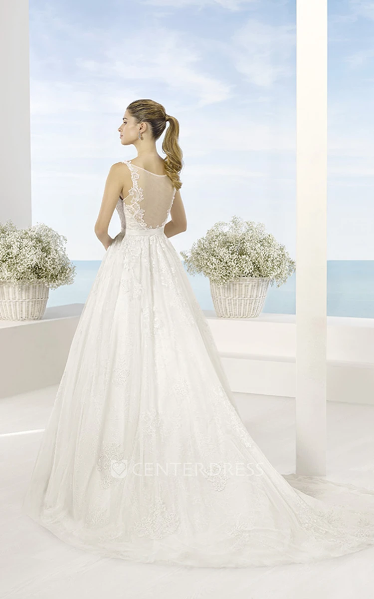 A-Line Sleeveless Floor-Length Spaghetti Appliqued Tulle Wedding Dress With Waist Jewellery And Illusion Back