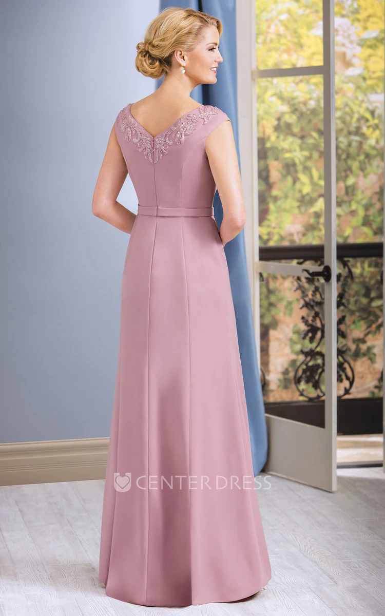 V-Neck Cap-Sleeved Long Mother Of The Bride Dress With Appliques And Jewels