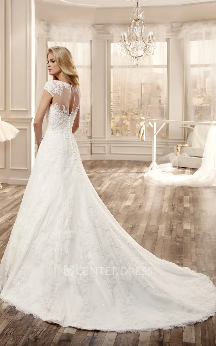 Cap-Sleeve Long Wedding Dress With Illusive Neckline And Court Train