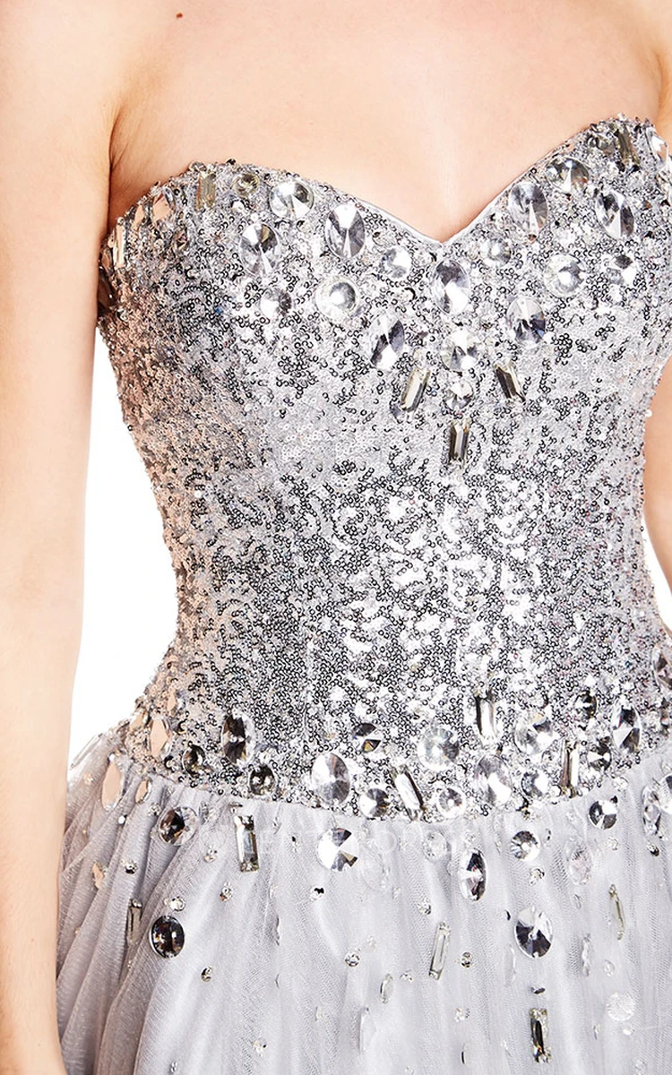 A-Line Beaded Sweetheart Sleeveless Floor-Length Sequins&Tulle Prom Dress