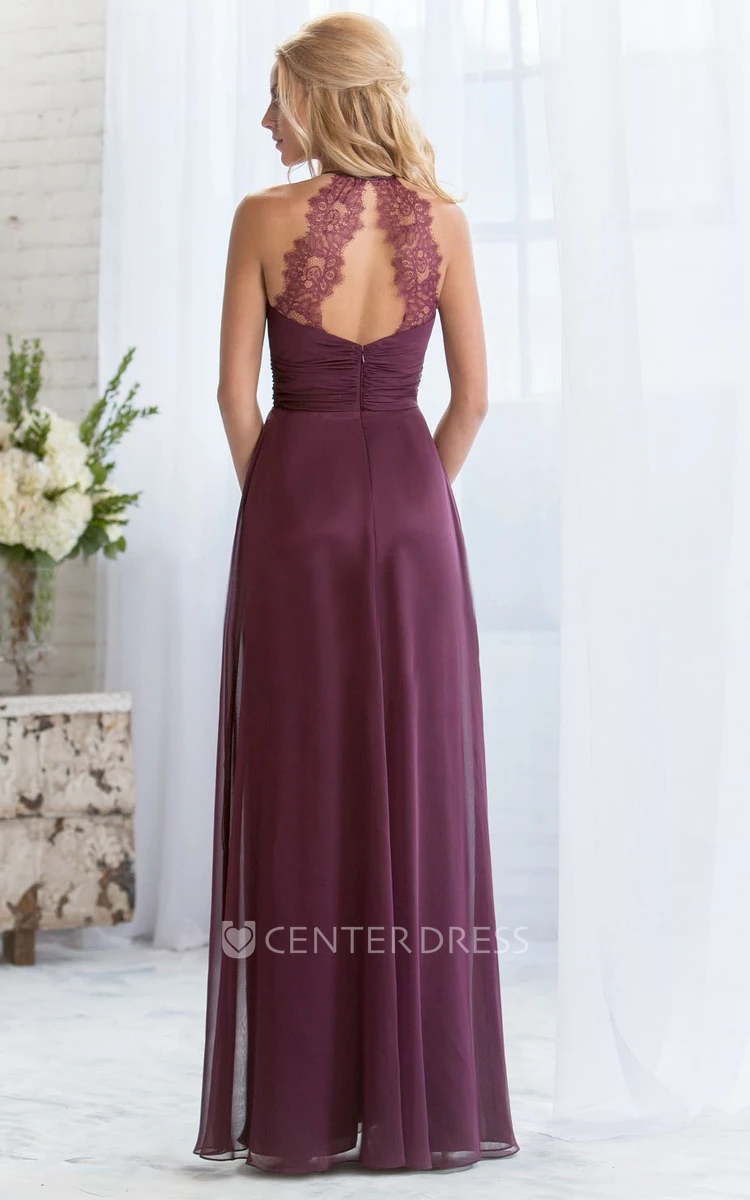 High-Neck A-Line Floor-Length Bridesmaid Dress With Keyhole Back