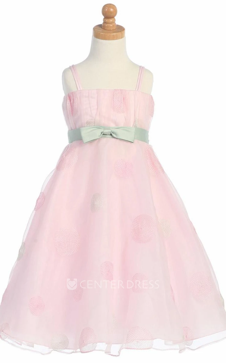 Ruffled Tea-Length Bowed Organza Flower Girl Dress With Embroidery