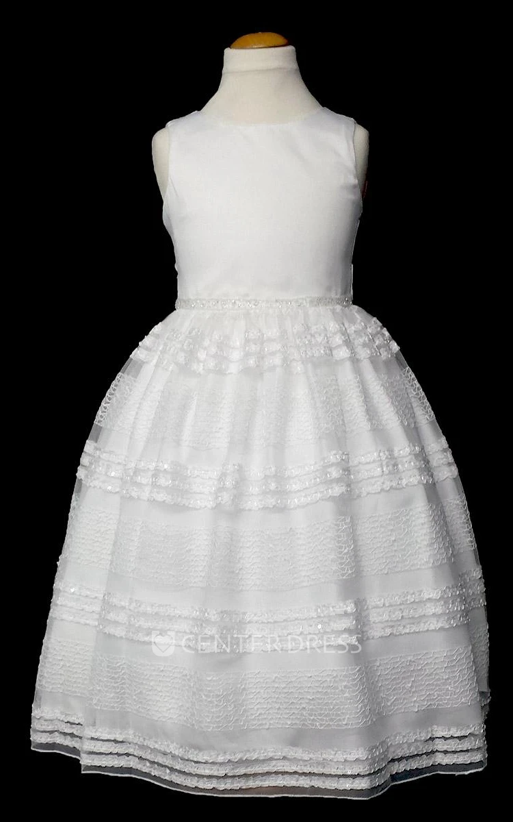 Embroideried Tea-Length Beaded Tiered Sequins&Satin Flower Girl Dress With Sash
