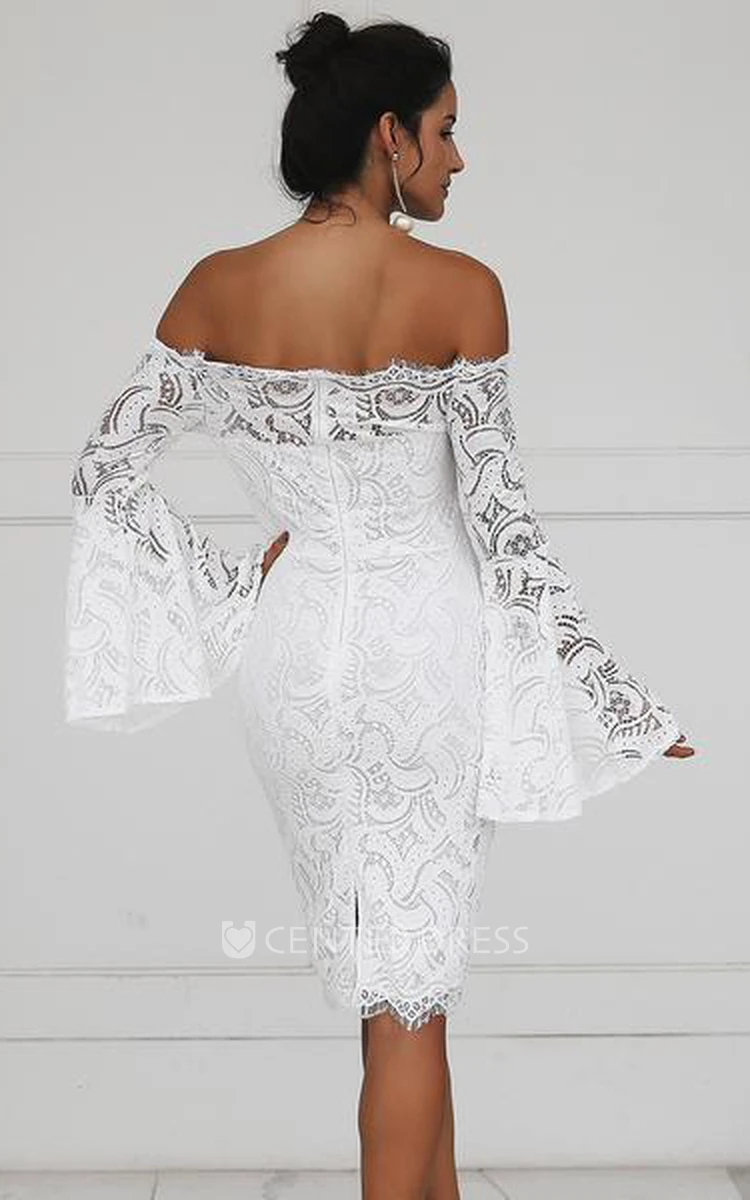 Lace Off-the-shoulder Pencil Long Sleeve Knee-length Zipper Wedding Dress