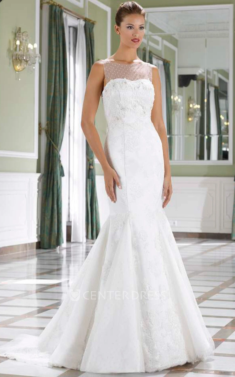 Mermaid Bateau Floor-Length Sleeveless Appliqued Lace Wedding Dress With Court Train And Illusion Back