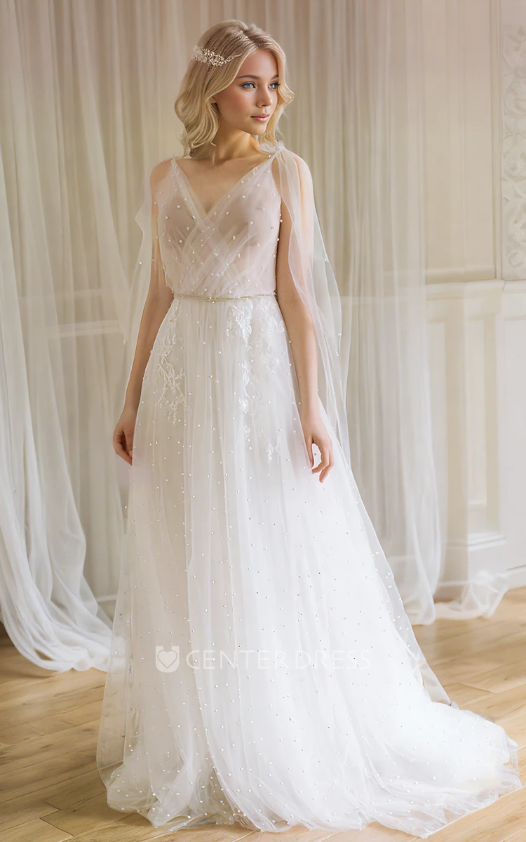 Romantic Modest A-Line Boho Lace Tulle Pearl Wedding Dress Flowy Elegant Floral Appliqued V-Neck Low Back Bridal Gown with Sweep Train