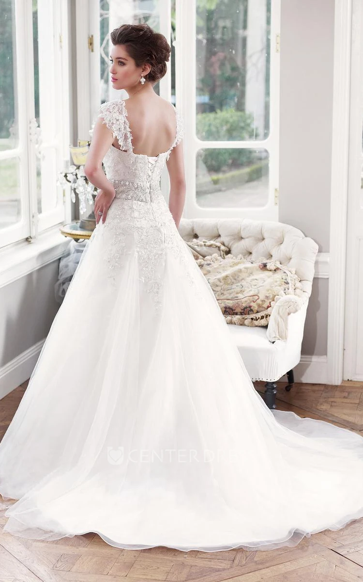 A-Line Sweetheart Jeweled Maxi Tulle&Lace Wedding Dress With Appliques And Cape