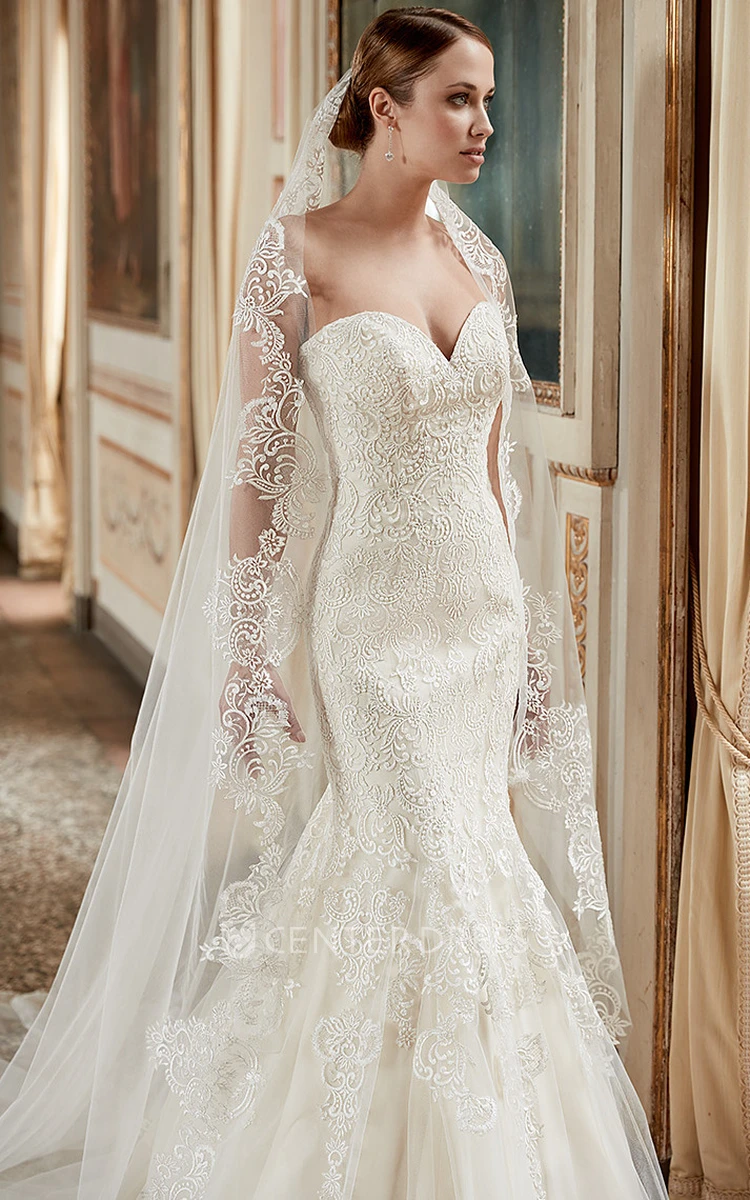 Sheath Floor-Length Sweetheart Lace Wedding Dress With Appliques And Court Train